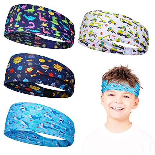 4 Pack Kids Athletic Sweatbands - Breathable Non-Slip Sports Headbands for Boys and Girls, Elastic Hairbands for Workout, Gym, Running, Exercise (Cute Style)