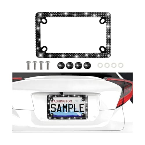 Zpana Bling Motorcycle License Plate Frame Stainless Steel Crystal Rhinestone License Plate Holder with Screws Nuts Caps Motorbike Tag Holder Ornament Compatible with Dirt Bike Motocross Black