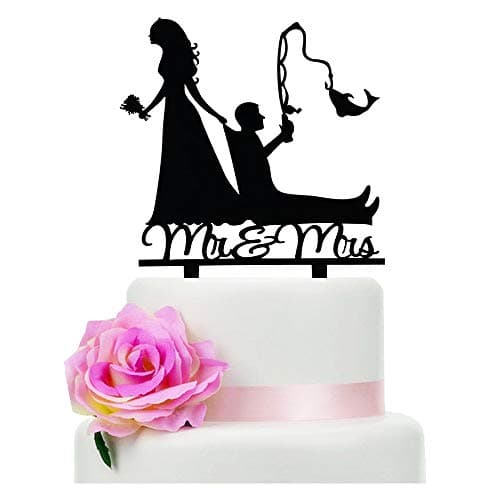 TzTwodcaz Fishing Wedding Cake Topper Funny MrMrs Cake Topper Gift for a WeddingBridal ShowerAnniversary Party Fishing