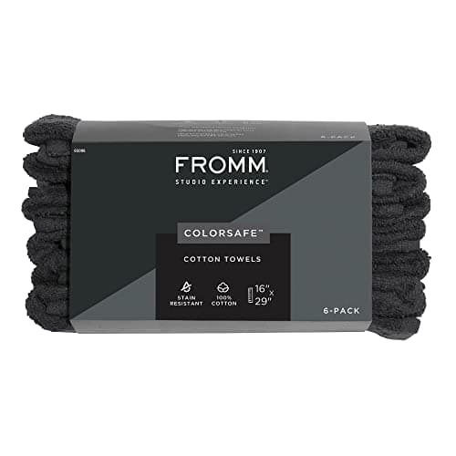 Fromm ColorSafe 100% Cotton Bleach Proof Salon Hair Towels for Hairstylists, Barbers, Spa, Gym in Black, 16" by 29", 6 count Absorbent Stain Resistant Towels for Drying Curly, Long, Wavy Hair