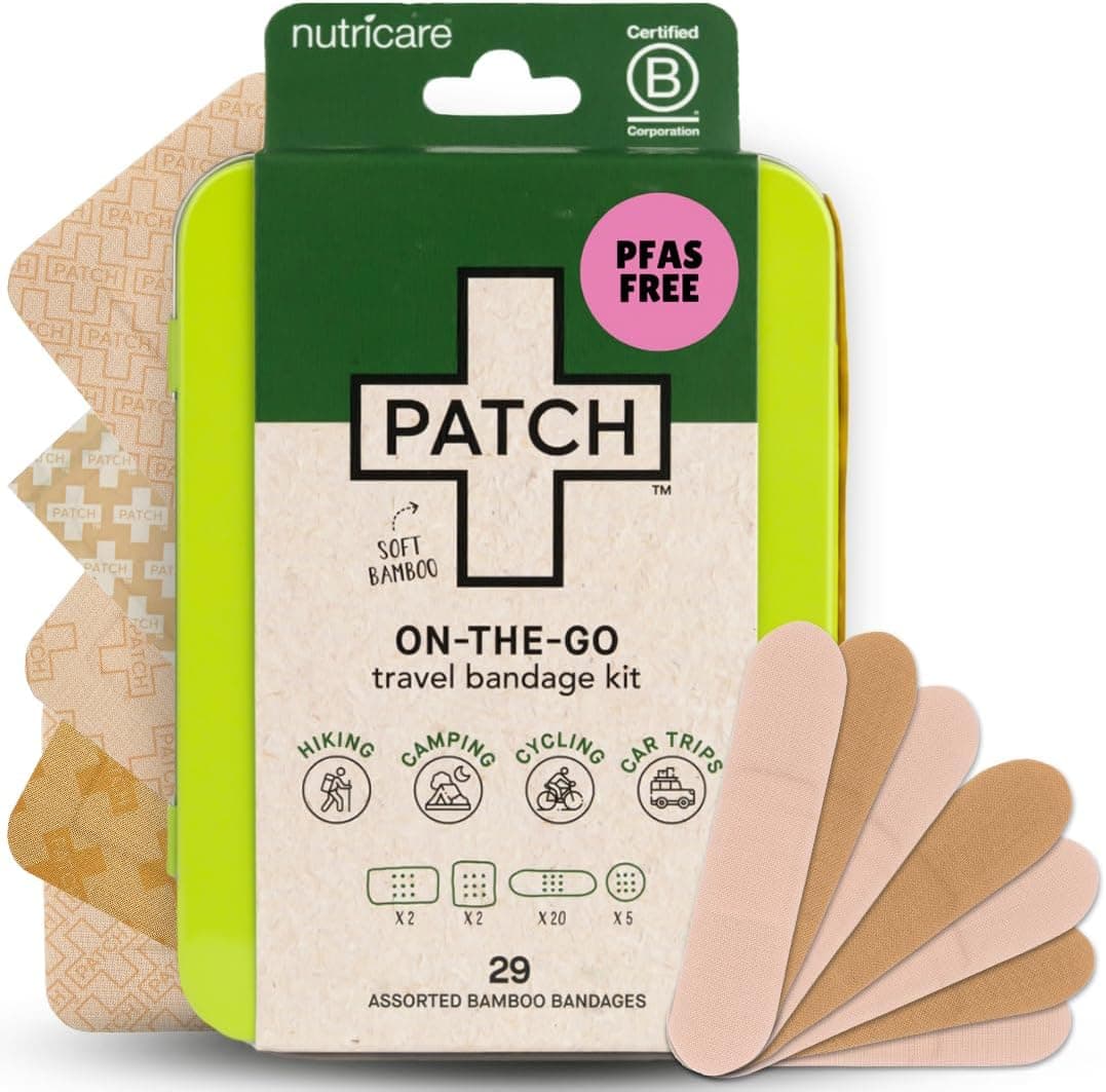 PATCH OnTheGo Natural Bamboo Adhesive Bandage Travel Kit for Sensitive Skin EcoFriendly Hypoallergenic Bandages 29 ct