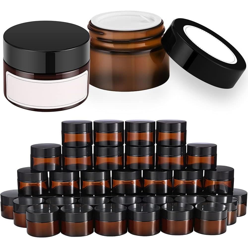 1 oz Glass Jars with Lids Bumobum 48 pack Amber Cream Jars with Black Lids Black and White Labels Inner Liners Empty Cosmetic Containers for Homemade Balms Lotion Salve Ointment Body Scrub