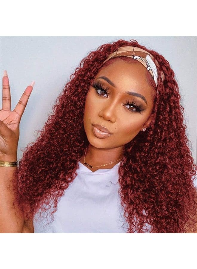 99J Burgundy Headband Wig Human Hair Deep Wave 12 Inch Red Colored Curly Headband Wigs for Black Women Human Hair Glueless None Lace Front Wigs Brazilian Virgin Hair Wig 150% Density