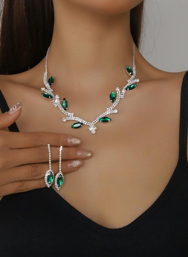 Rhinestone Leaf Necklace and Earrings Set