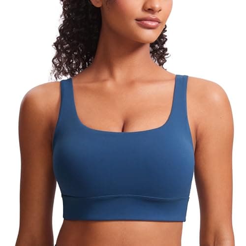 CRZ YOGA Butterluxe Womens U Back Sports Bra - Scoop Neck Padded Low Impact Yoga Clothes Workout Crop Top with Built in Pads French Navy Medium