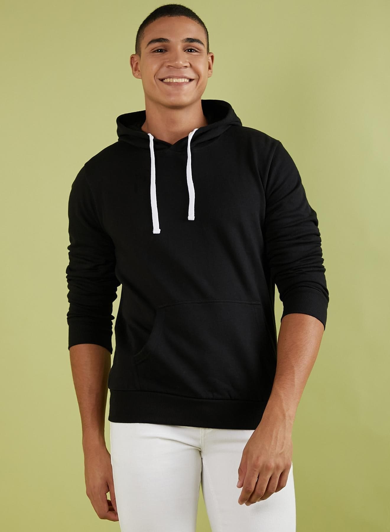 Men's Black Pullover Hoodie With Contrast Drawstring