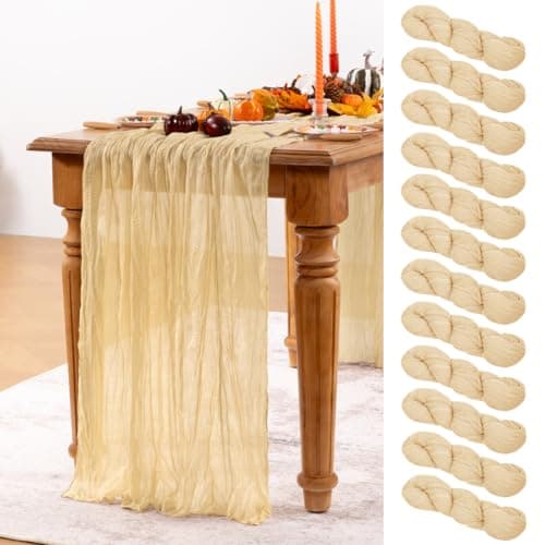 DeZerlor Champagne Gold Cheesecloth Table Runner 12 Pack Fall Table Runners Boho Gauze 120 Inches Champagne Cheese Cloth Fall Table Decorations for Thanksgiving Wedding Bridal Baby Shower Parties