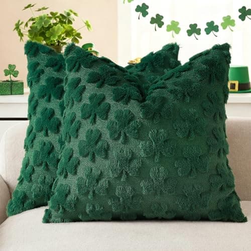 decorUhome St Patricks Day Shamrock Green Pillow Covers 18x18 Inch Set of 2 Soft Plush Faux Wool Throw Pillow Covers Farmhouse Spring Holiday Decor for Sofa Living Room