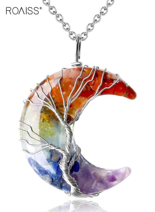 Women's Necklace, Natural Crystal Resin Wrapped Tree of Life Pendant Moon-Shaped Necklace, Adjustable Chain with Electroplating Finish, Sweet and Healing, Rainbow-Hued