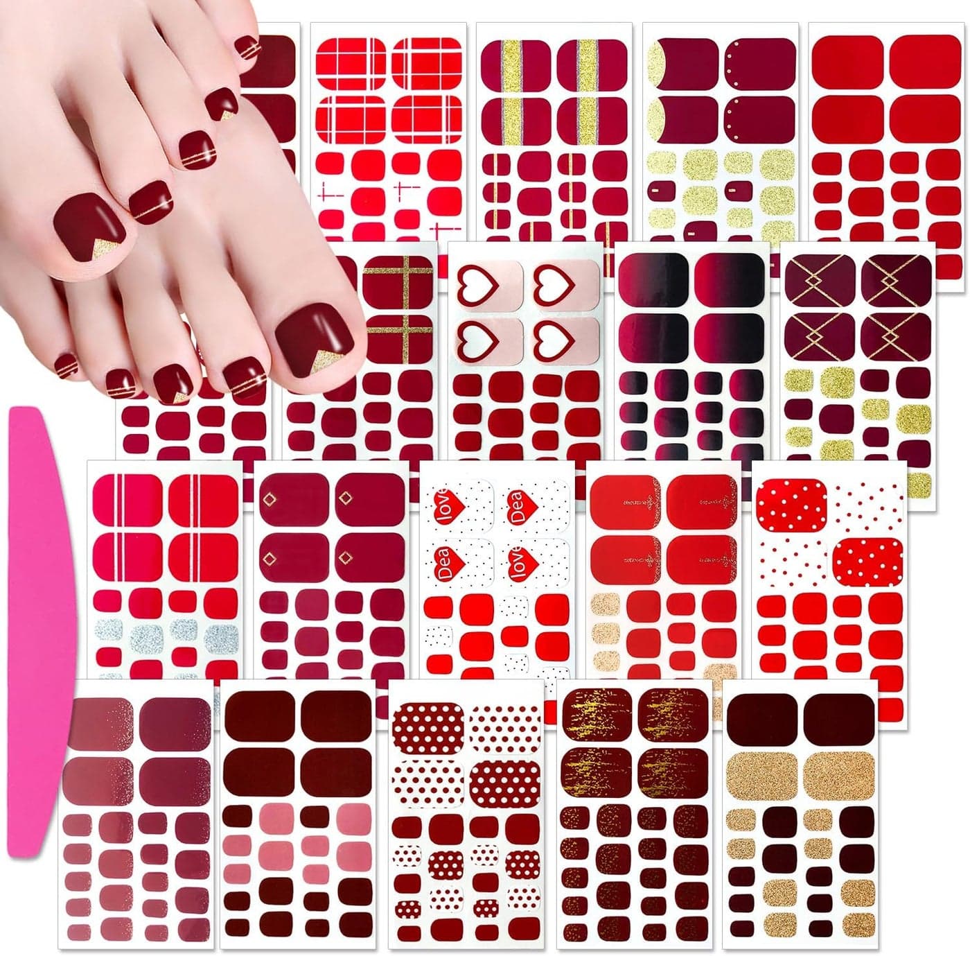 SILPECWEE 20 Sheets Toe Nail Polish Stickers Full Nail Wraps for Women, Leopard Print, Glitter, Plaid, Easy Application, Red, Nail Decals, Nail Strips