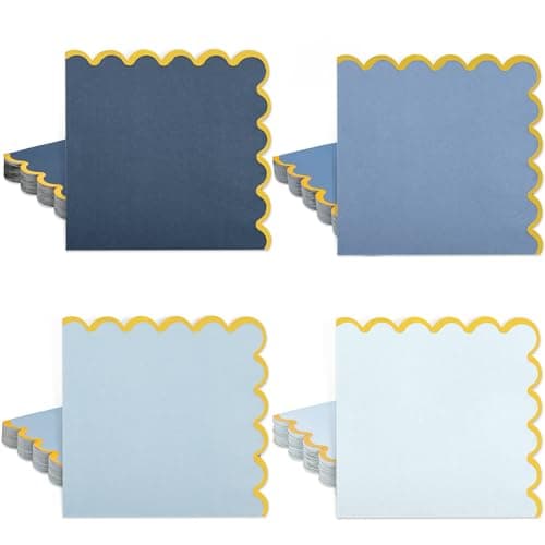 100 Pcs Dusty Blue Party Napkins Gradient Blue Scalloped Gold Foil Disposable Paper Napkins 6.5" Luncheon Napkin for Birthday Baby Shower Anniversary Reception Party Supplies