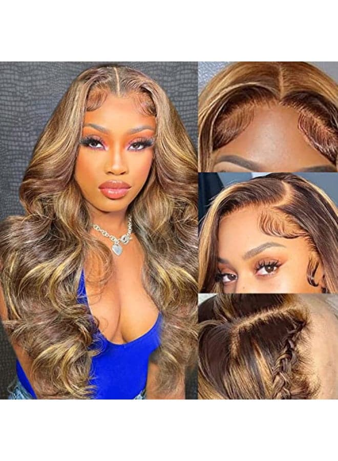 Aicrelery 427 Highlight 13x6 Lace Front Wigs Human Hair 13x6 Honey Blonde HD Lace Front Wig Pre Plucked with Baby Hair 180 Density Highlight Ombre Body Wave Lace Frontal Wig for Women 18 Inch