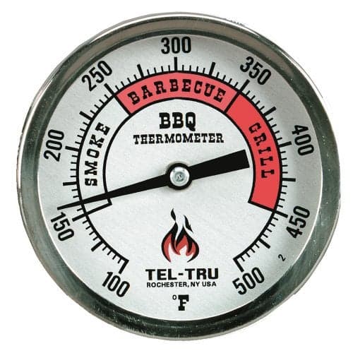 Tel-Tru BQ300 Barbecue Thermometer, 3 inch Aluminum Zoned dial, 2.5 inch stem, 100/500 Degrees F