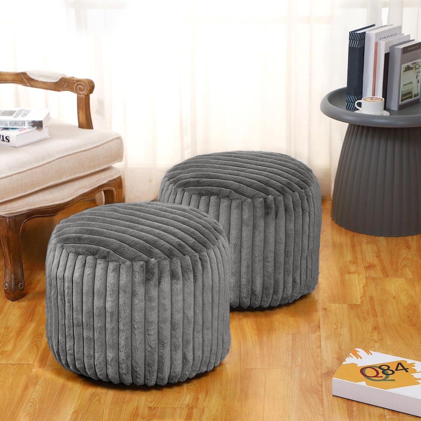 Teenyyou 2 Pcs 20 x 15 Inch Unstuffed Pouf Cover Ottoman Foot Rest No Filler Faux Rabbit Fur Foot Stool Floor Bean Bag Floor Chair Storage for Living Room Bedroom Home DecorGray