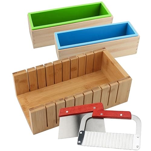 ZOENHOU 7PCS 42oz Soap Molds with Stainless Steel Wavy Slicer and Straight Slicer, Soap Loaf Bar Rectangular Silicone Soap Making Molds Kit with Wood Box DIY Tool Set for Soap Making Supplies