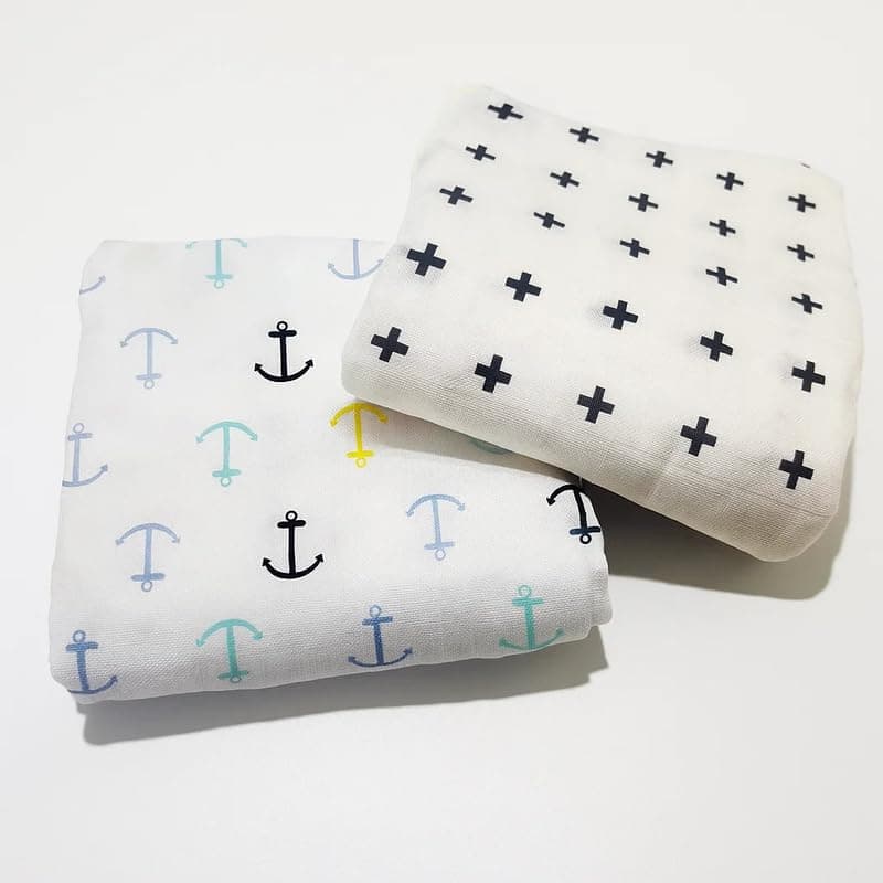 Organic Cotton Muslin Pack of 2 Baby Bath Towel Cotton Cloth Premium Baby Washable, Reusable, Absorbent, Extra Soft 120 X 120 Cm_Black Plus & Anchor (Minor Manufacturing Irregularity)