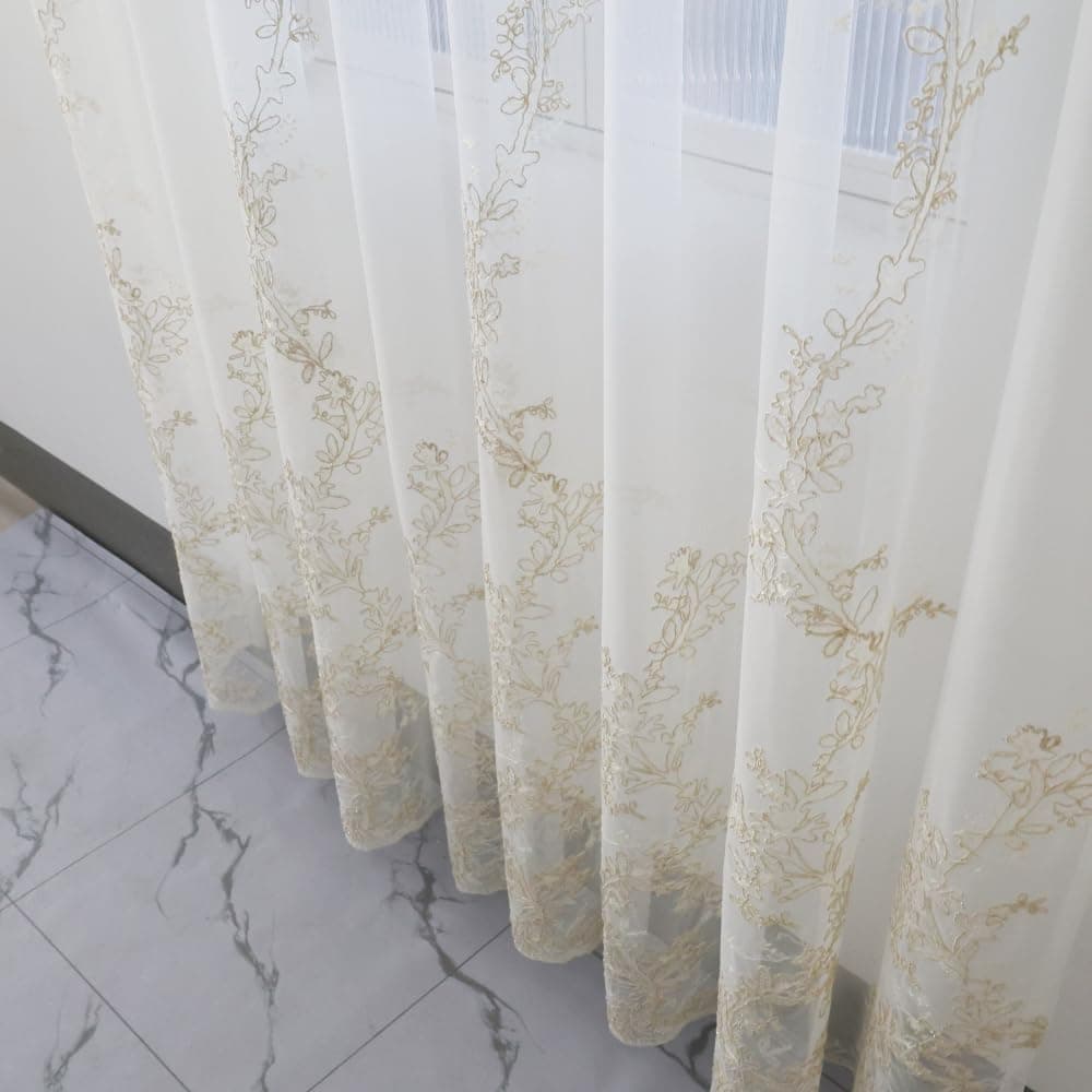 Amidoudou 1 Pair Luxury Embroidered Tulle Curtains for Living Room Wedding 3D Gold Flower Sheer Curtains White51x96 Inch