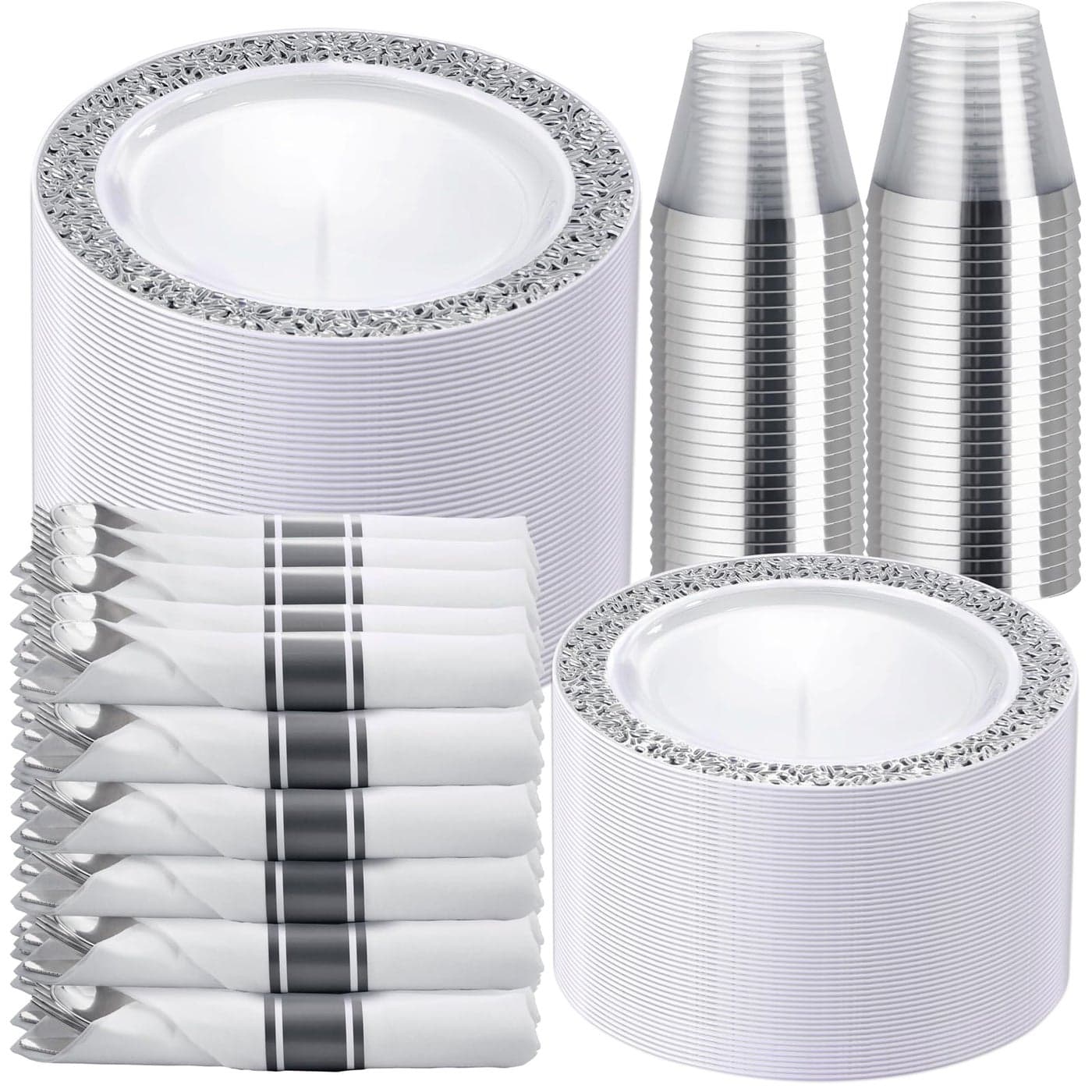 WELLIFE 350 Pieces Silver Disposable Plastic Dinnerware Silver Lace Plates for Wedding Party Includes50 Dinner Plates 50 Dessert Plates 50 Cups 50 Pre Rolled Napkins with Silver Cutlery