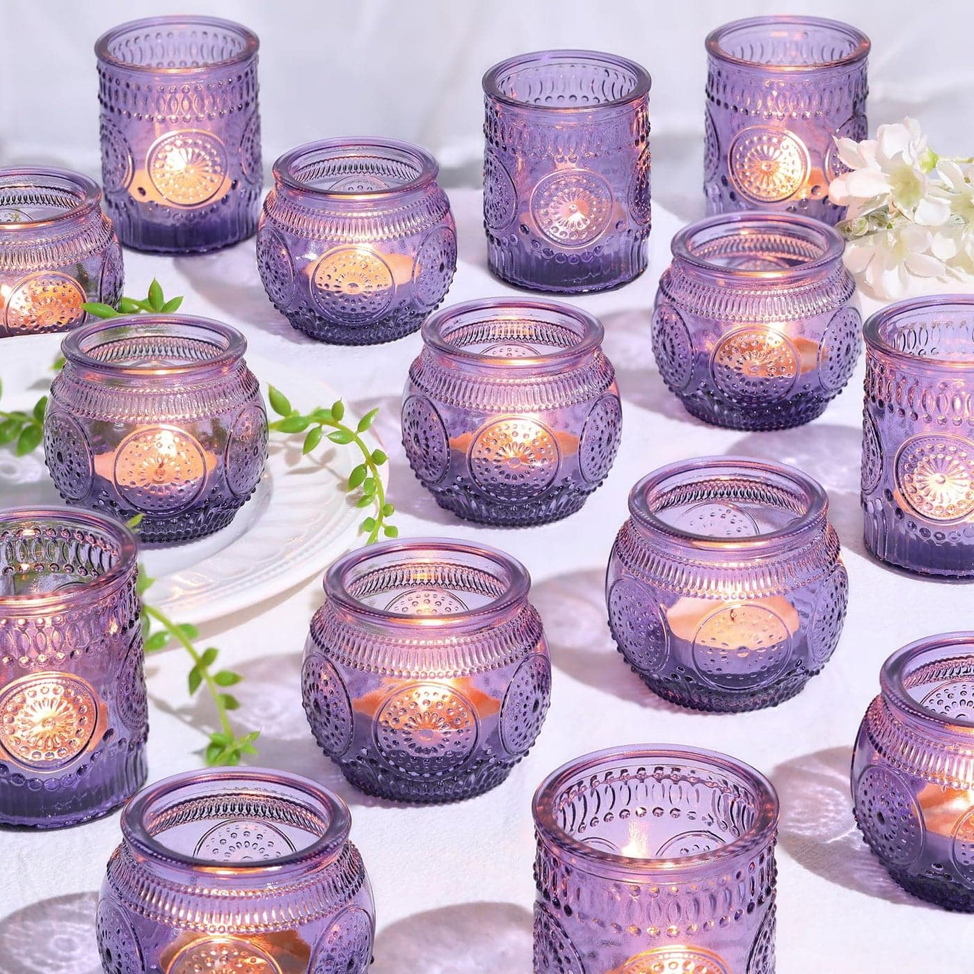 30pcs Assorted Purple Votive Candle Holders for Wedding Decorations Boho Glass TeaLight Candle Holder Wedding Table Centerpieces Bridal Shower Decorations Retro Purple Party Decor Party Favors