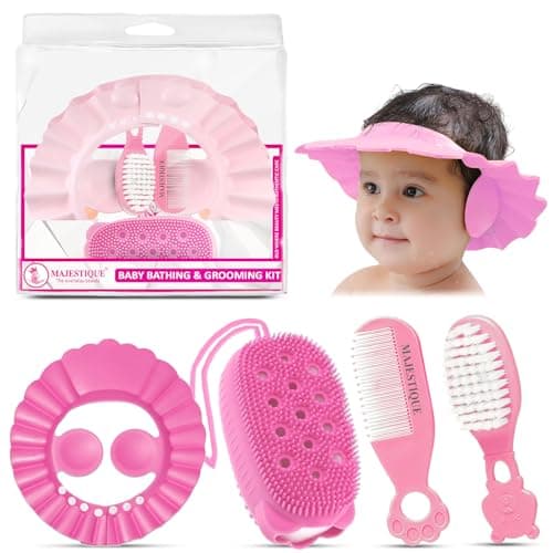 Majestique Baby Grooming & Bath Kit | 4Pcs Set – Soft Brush, Comb, Bathing Cap & Sponge | Newborn to 5 Years | Baby Bath Essentials for Boys & Girls | Travel Pouch Included (Color May Vary)