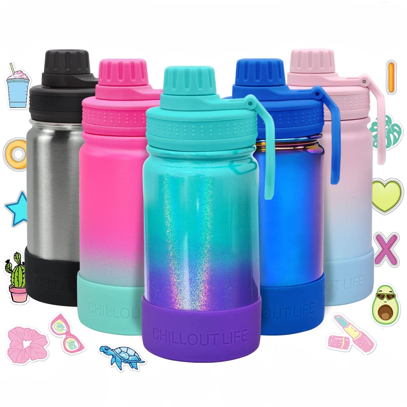 CHILLOUT LIFE 12 oz Kids Insulated Water Bottle for School with Leakproof Spout Lid and Cute Waterproof Stickers Personalized Stainless Steel Thermos Flask Metal Water Bottle for Girls Boys