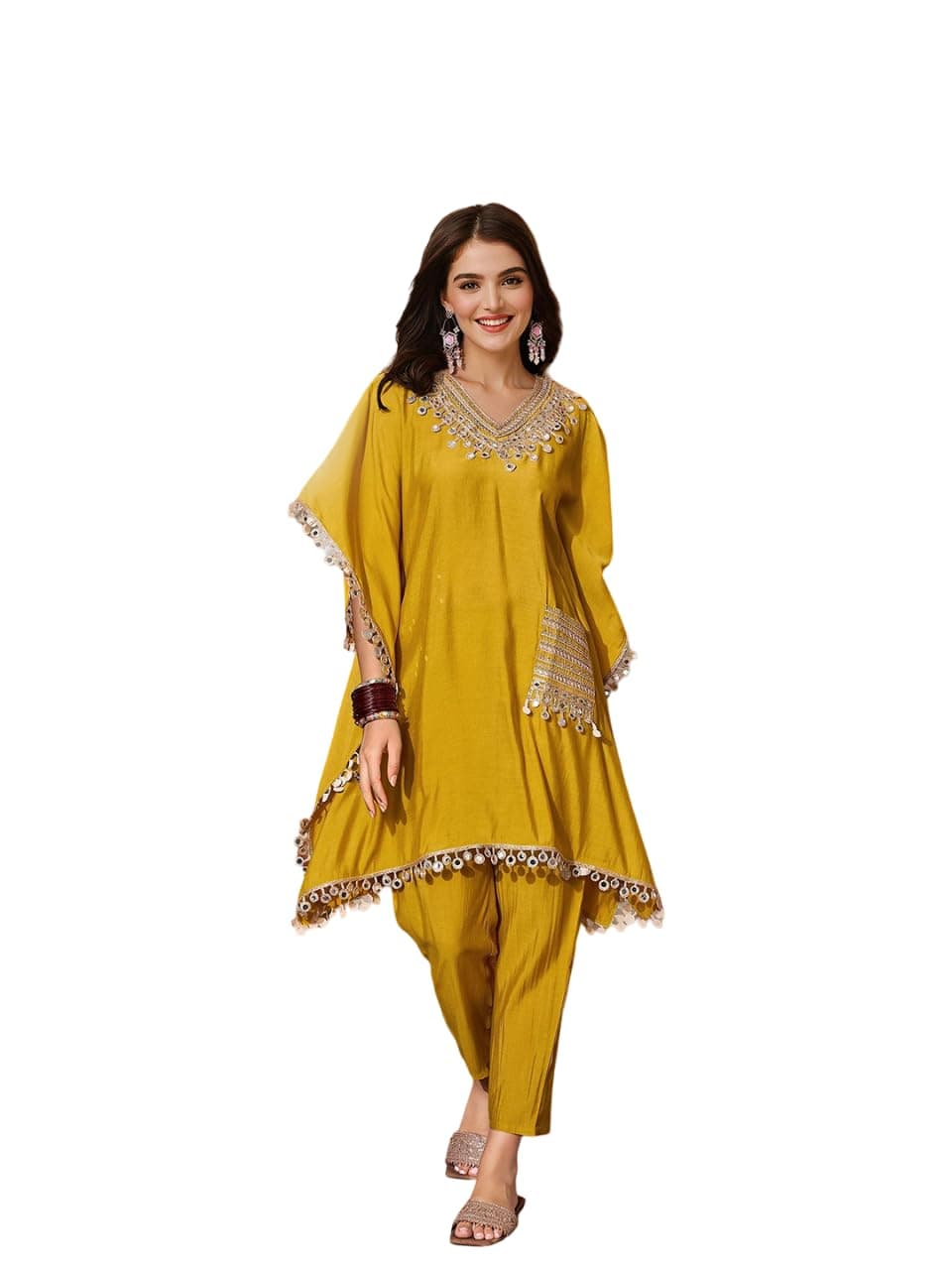ishin Embellished V Neck Kaftan With Trousers