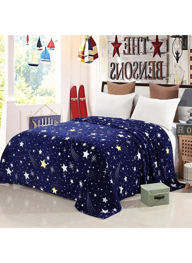 Beautiful Stars Design Soft Fluffier Blanket Microfibre King Size Flannel Stars Printed Bed Blanket Blue/White