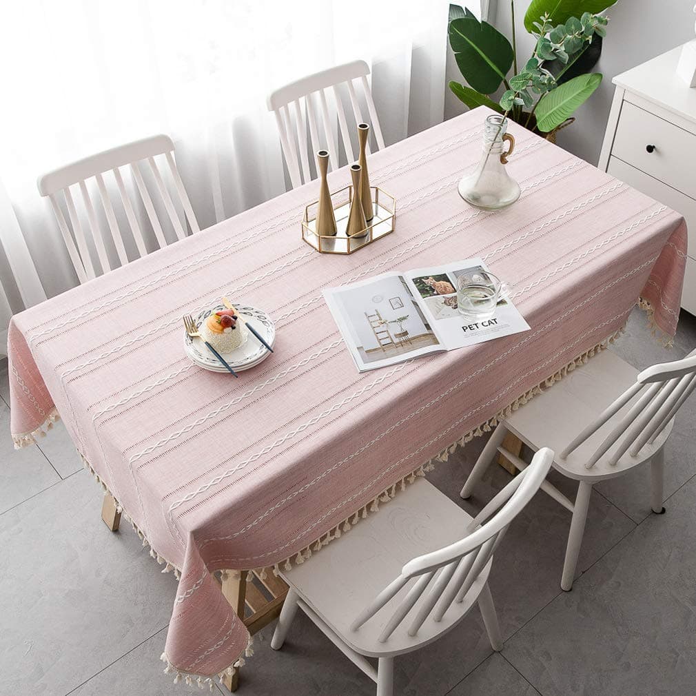 Pahajim Outdoor Tablecloth Tassel Tablecloth Rustic Tablecloths with Tassels Cotton Linen Table Cloth for Rectangle Kitchen Dinning Table Cloths Christmas Pink RectangleOblong55 x 94 Inch