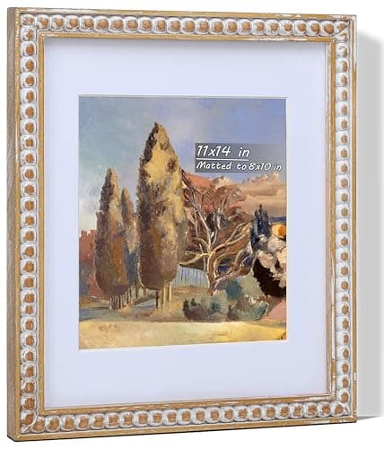 Gdfmsc 11x14 Rustic Picture Frame with Mat for 8x10, Farmhouse Boho Deco Distressed Beaded Wooden Real Glass, Vertical or Horizontal Display Photo Gallery Wall & Tabletop Frame, Natural