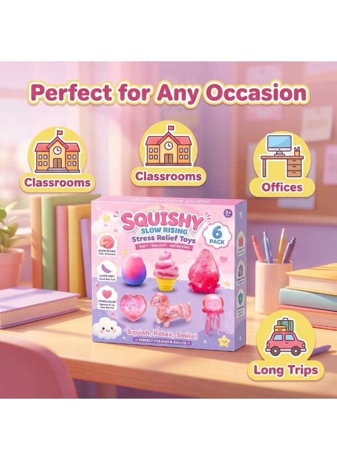 6 Pack Pink Squishy Stress Relief Toys, Slow Rising Cute Squeeze Toys, Non-Toxic Fidget Toys Set for Kids & Adults, Sensory Toys for Anxiety Relief, Classroom & Office, Cute Ice Cream/Jellyfish/Heart/Strawberry/Dog/Shaped Squeeze Toys