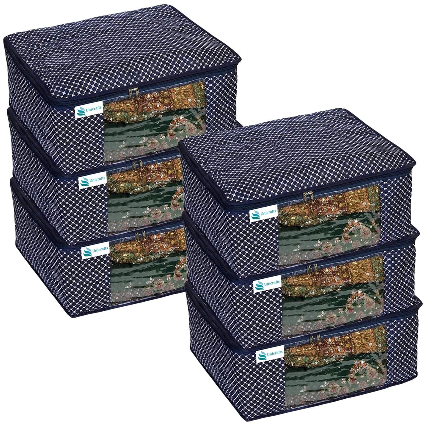 Unicrafts Polka Dots Saree Cover 3 Layered Quilted Saree Bags for Wardrobe Foldable Cotton Sari Storage Organizer with a Large Transparent Window Bride Lahenga Dress Suit Combo Set of 6 Pc Blue