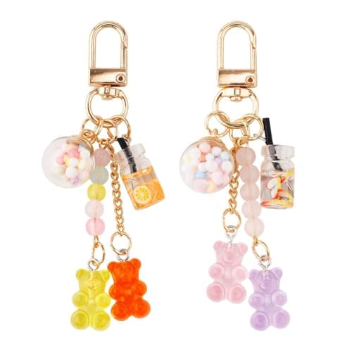 2Pcs Cute Keychain, Candy Bear and Rainbow Color Bag Charm, Aesthetic Keychain for Girls, Kawaii Phone Charm, Resin Keyring for Women, Gift for Teens
