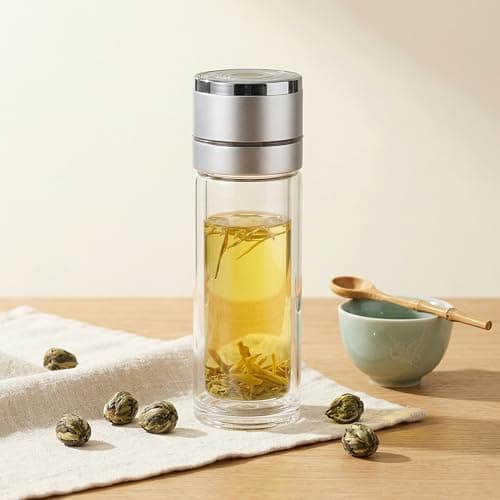 KitchAntique 400ML Japanese Style Double-Wall Glass Water Bottle | Tea & Water Separation Mug with Inbuilt Stainless Steel Infuser for Loose Tea & Fruit Infusion | Perfect for Detox, Travel & Gifting