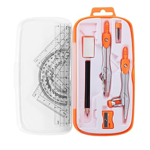 Unjoo Math Geometry Kit Sets 10 Piece Student Supplies with Shatterproof Storage Box,Includes Rulers,Protractor,Compass,Eraser,Pencil Sharpener,Lead Refills,Pencil,for Drafting and Drawings(Orange)