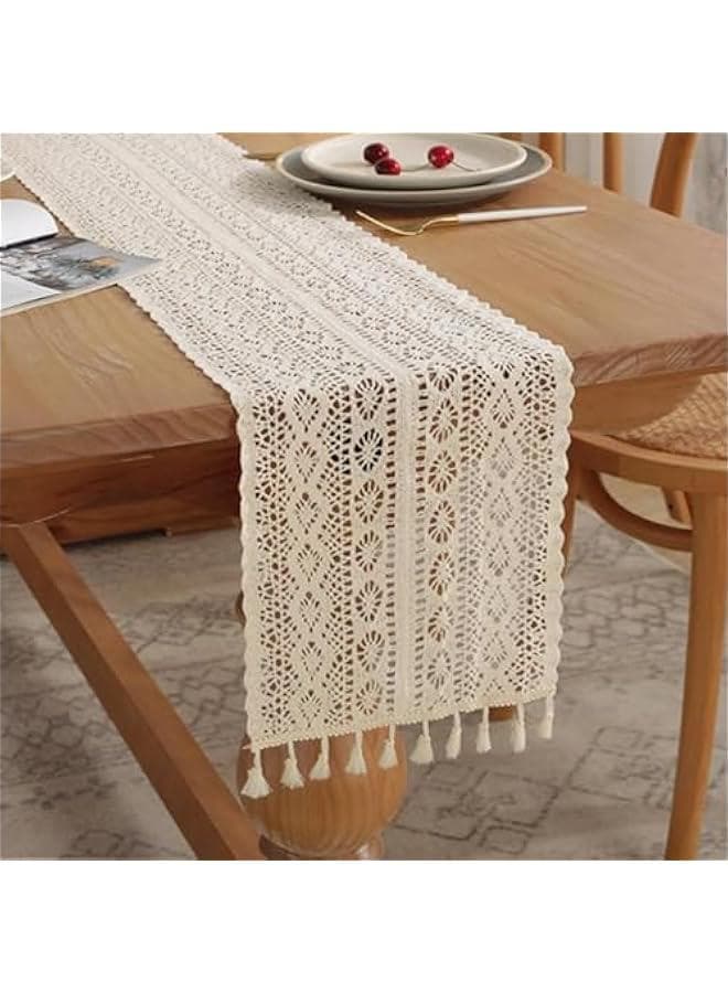 70 Inch Boho Crochet Table Runner,Table Runner for Home Decor with Tassels Long Farmhouse Rustic Table Runner Cream Macrame Burlap Fall Table Decoration for Living Room Bridal Shower (70 Inch)