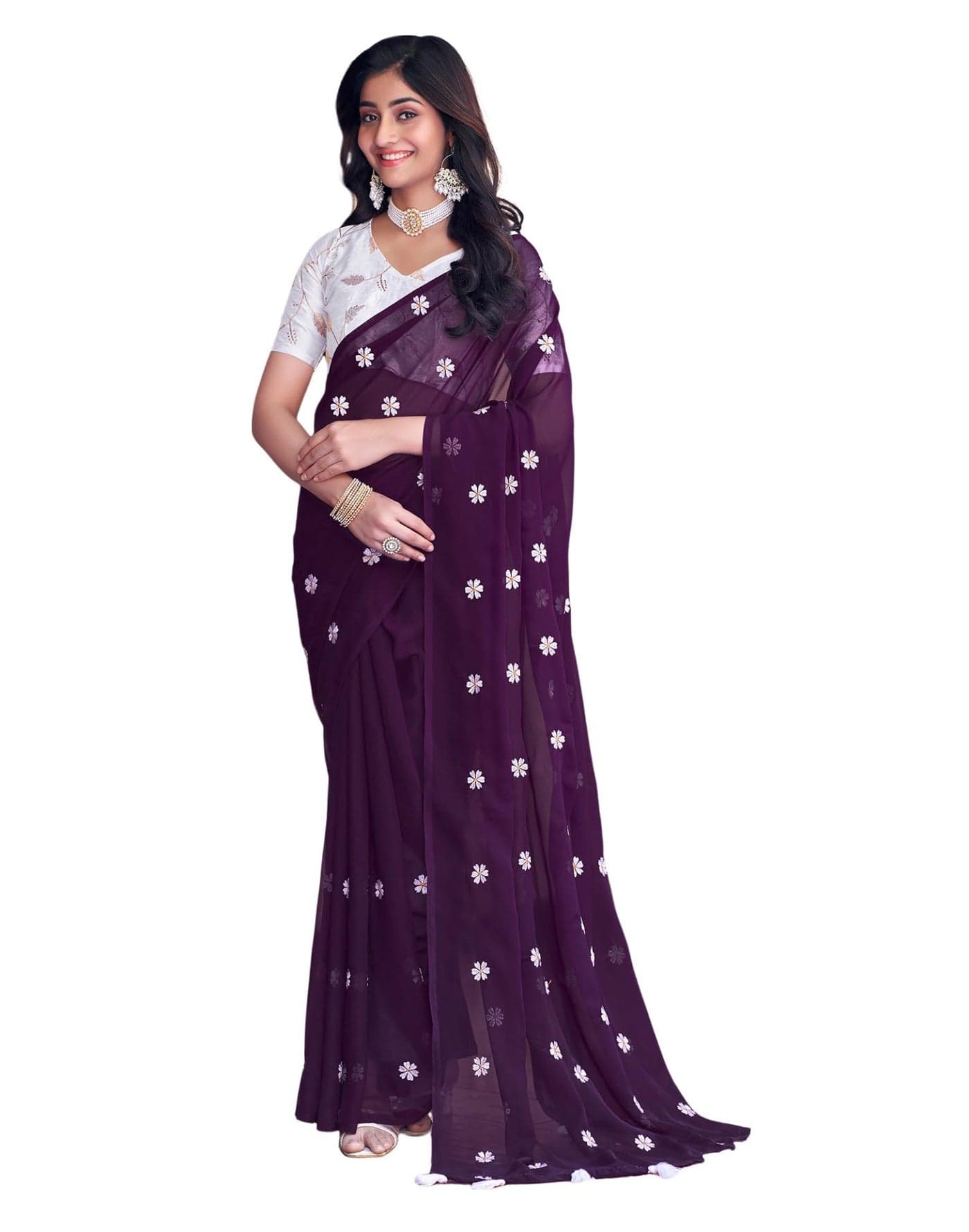SIRIL Women's Georgette Embroidery Saree With Unstitched Blouse Piece (3607S124_Deep Purple)