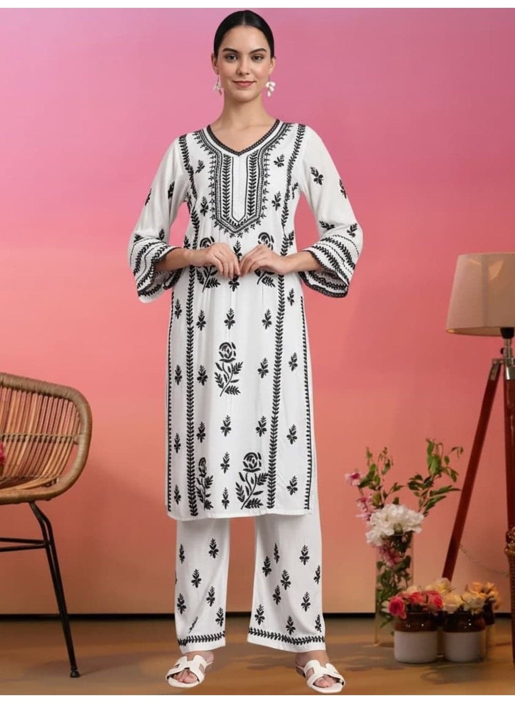 Women Hand Embroidered Chikankari Rayon Kurta Set-AL4078KS