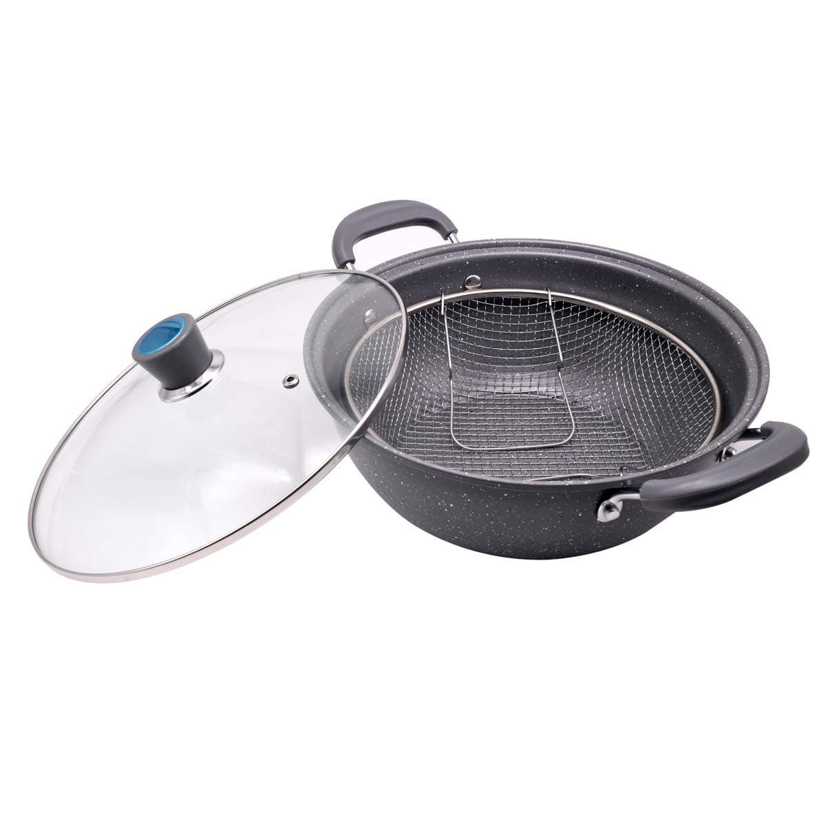 Olpad Non Stick Fry Stir Fry Pan with Lid Wok Pan Steamer Fryer Pot Pans with Lid Frying Basket and Steam Rack Stir Fry Pan 24 cm