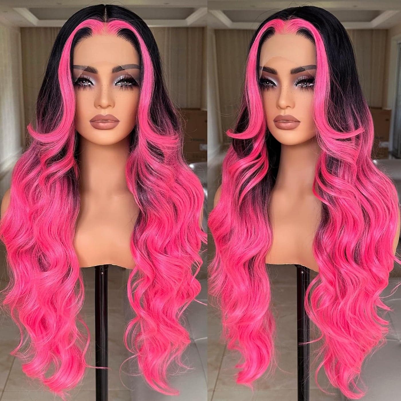 X-TRESS Pink Highlight Wig Ombre Lace Front Wigs Pre Plucked Body Wave Glueless Wigs 30 Inch Black Middle Part Synthetic Wigs with Fluorescent Pink Highlight for Women