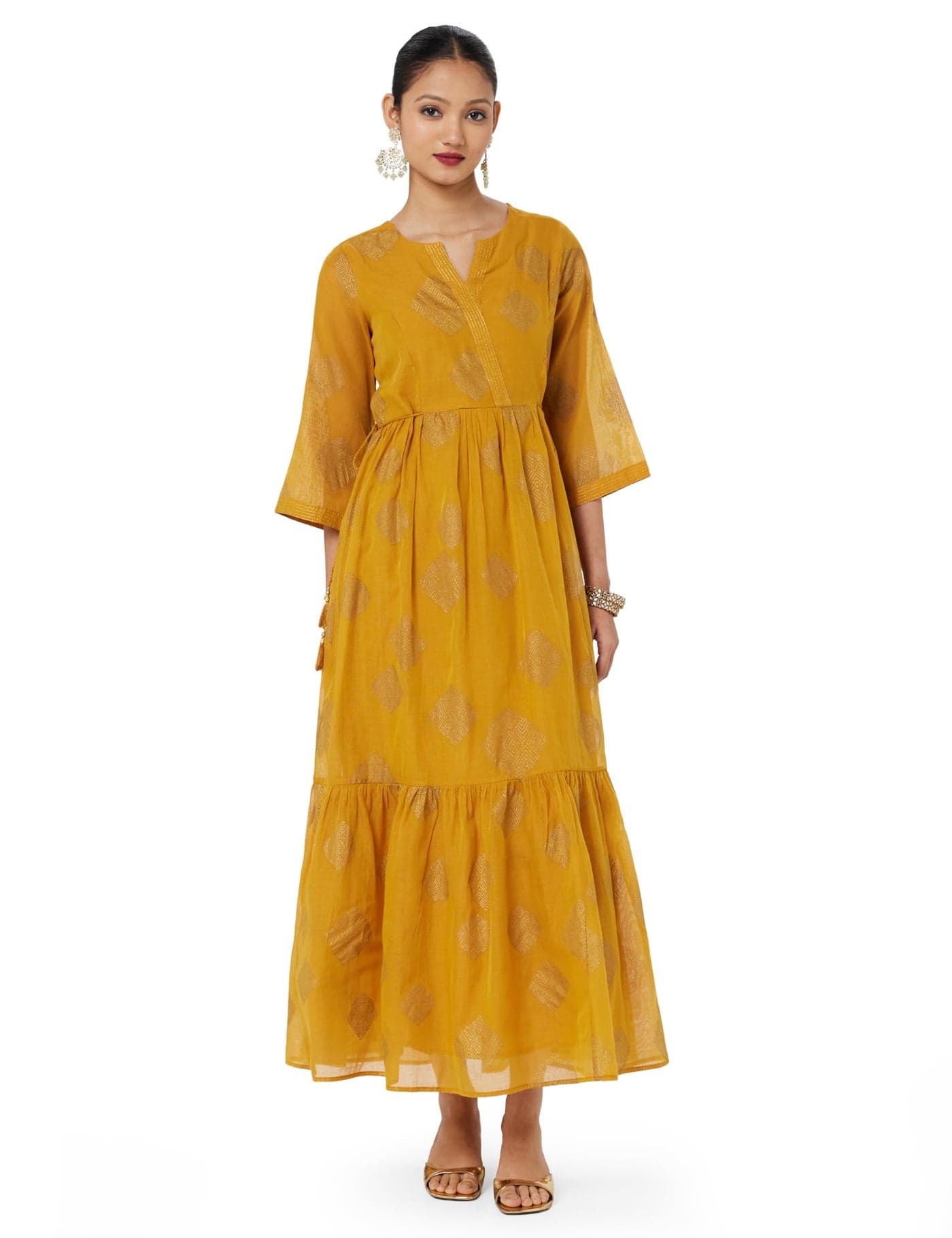BIBA Women Printed Maxi Fit and Flare Mix and Match Dress (Festive 1949_Gold Yellow_38)