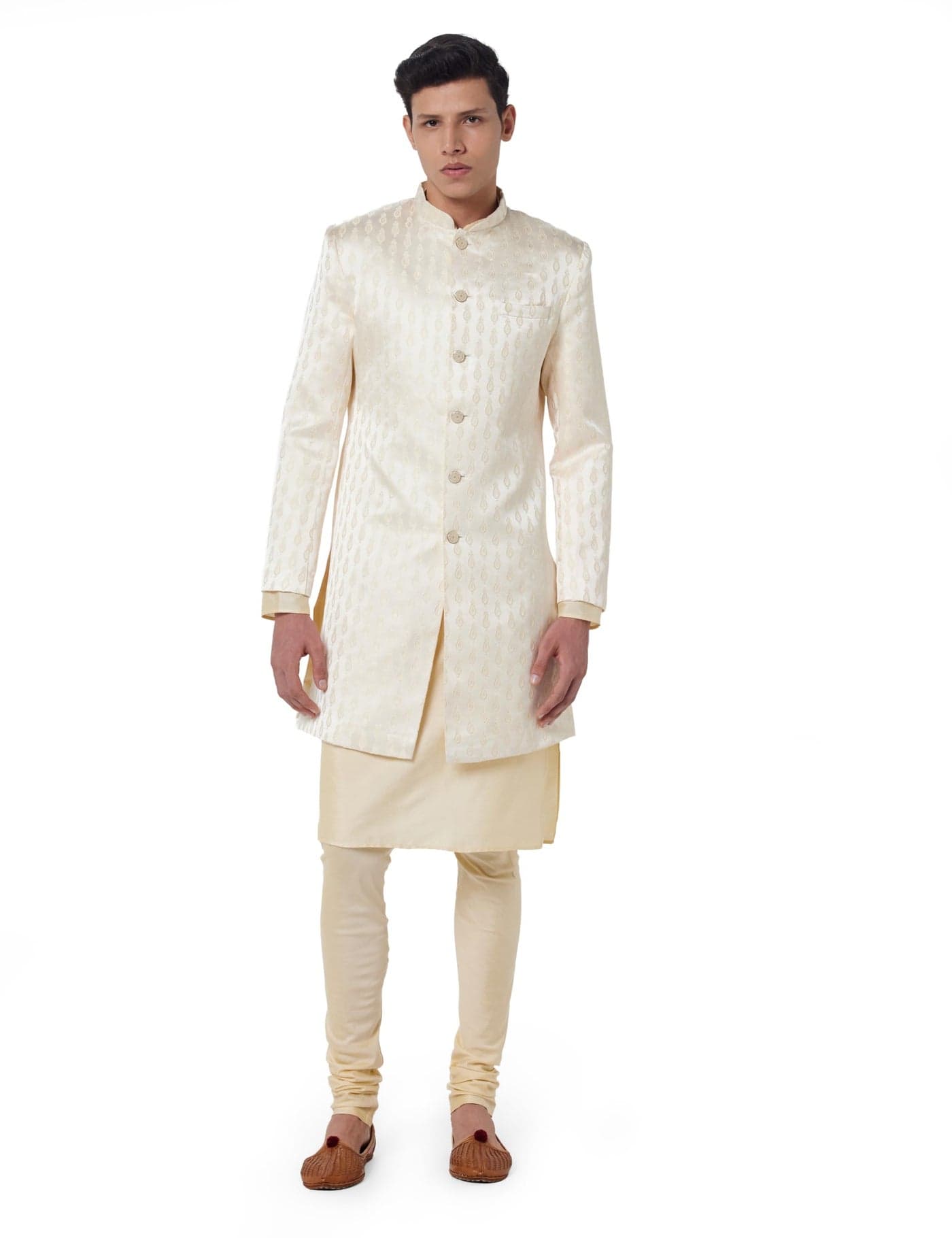 KISAH Men's Kurta Sherwani Churidar Set Indo-Western, Cream Cotton Blend, Self Design Long Sleeves Regular Fit Mandarin Collar (Medium)