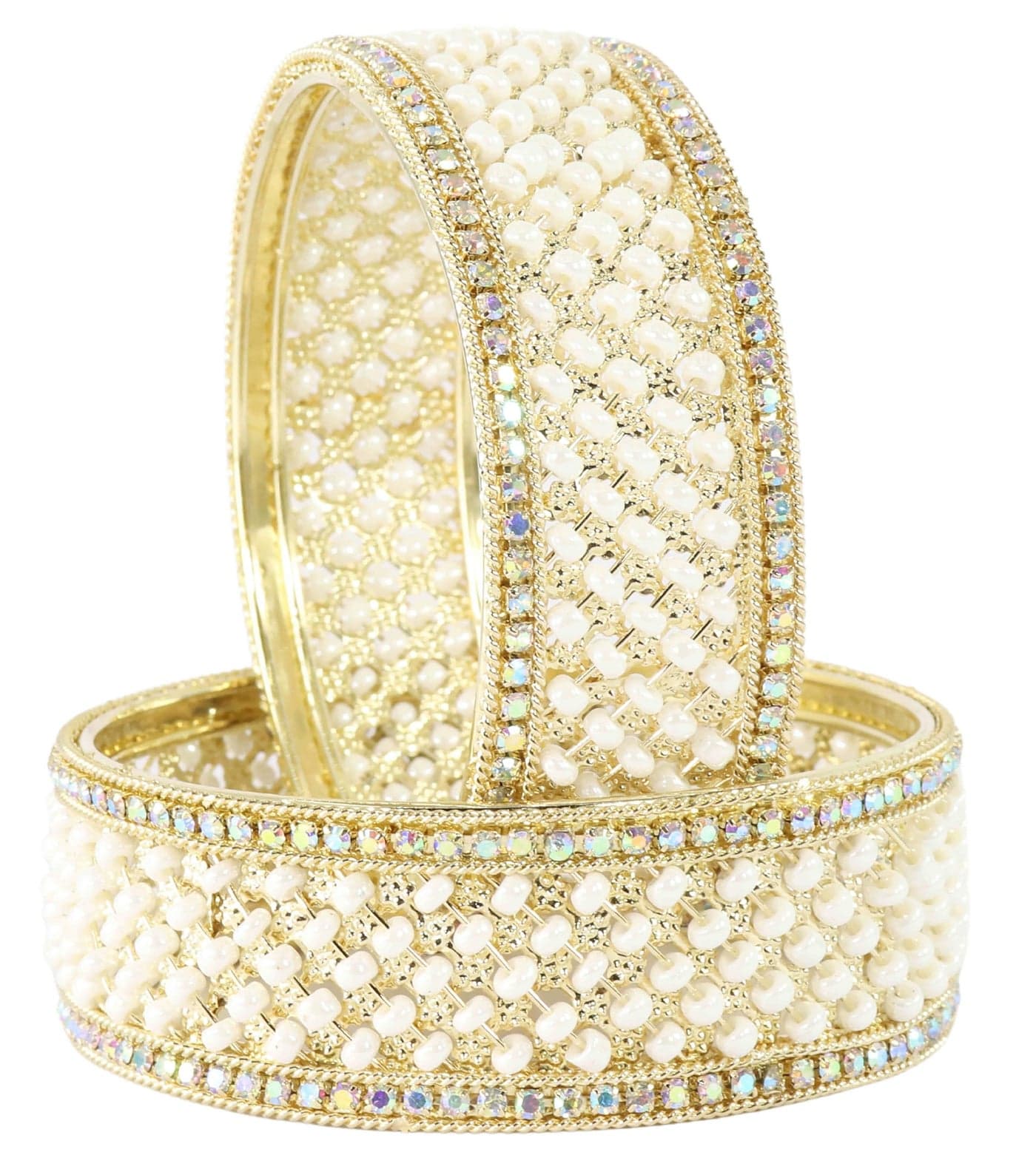 NMII Traditional Metal White Moti Pearls & Diamond Kada Bangles Set Women & Girls | Bridal Bangles | Kundan Bangles | Kangan For Women | Girls Kada | fashion Jewellery-(MAH110-Gold-2.4)