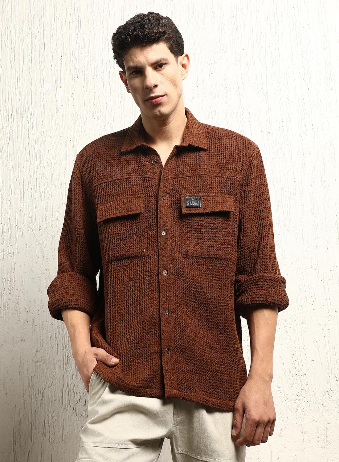 Men's Brown Cotton Blend Solid Pattern Button Down Oversized Shirt