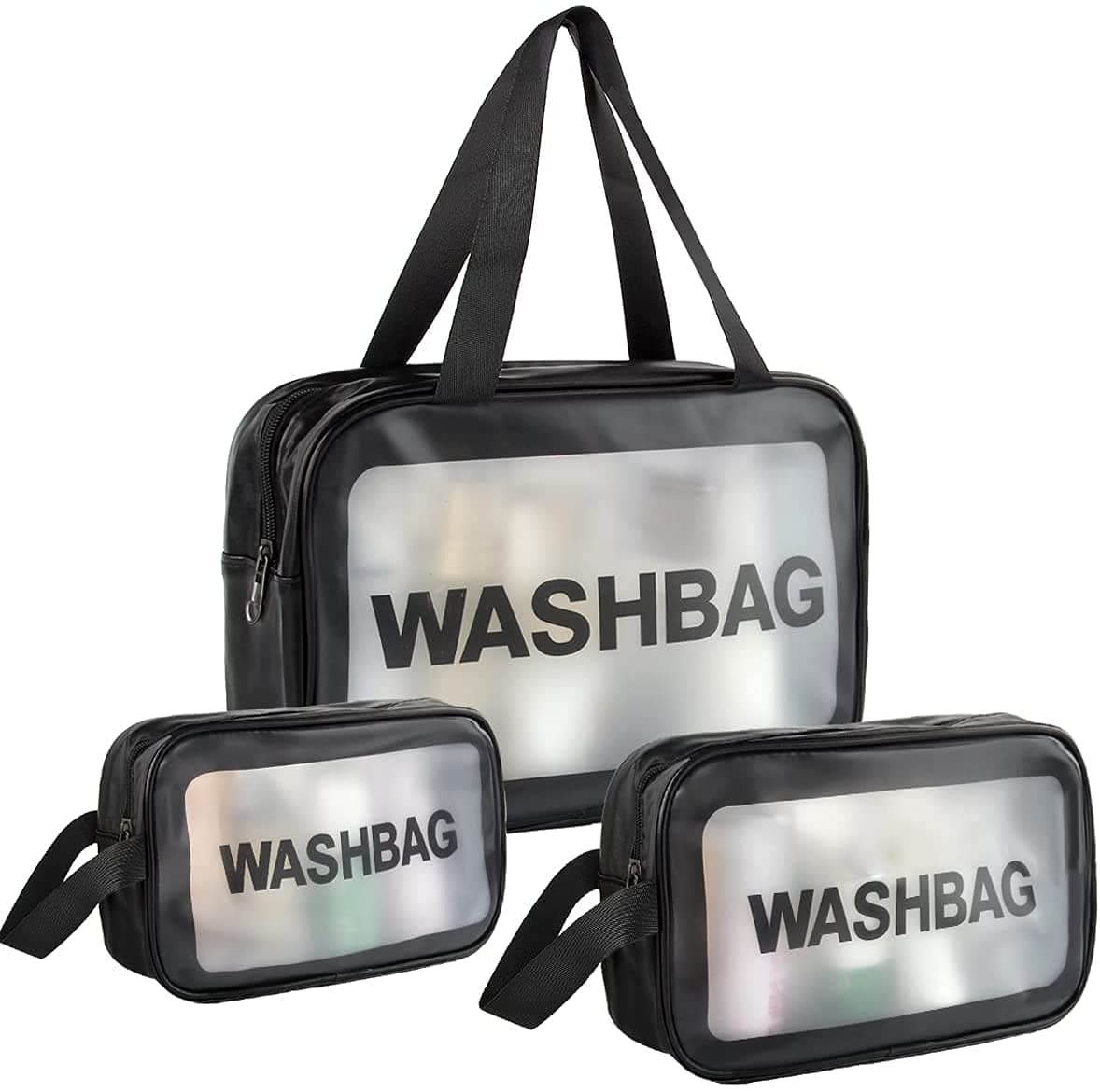 House of Quirk Clear Toiletry Bag, Wash Make Up Bag PVC Waterproof Zippered Cosmetic Bag, Portable Travel Carry Pouch for Women Men (Set of 3 Bag Black)