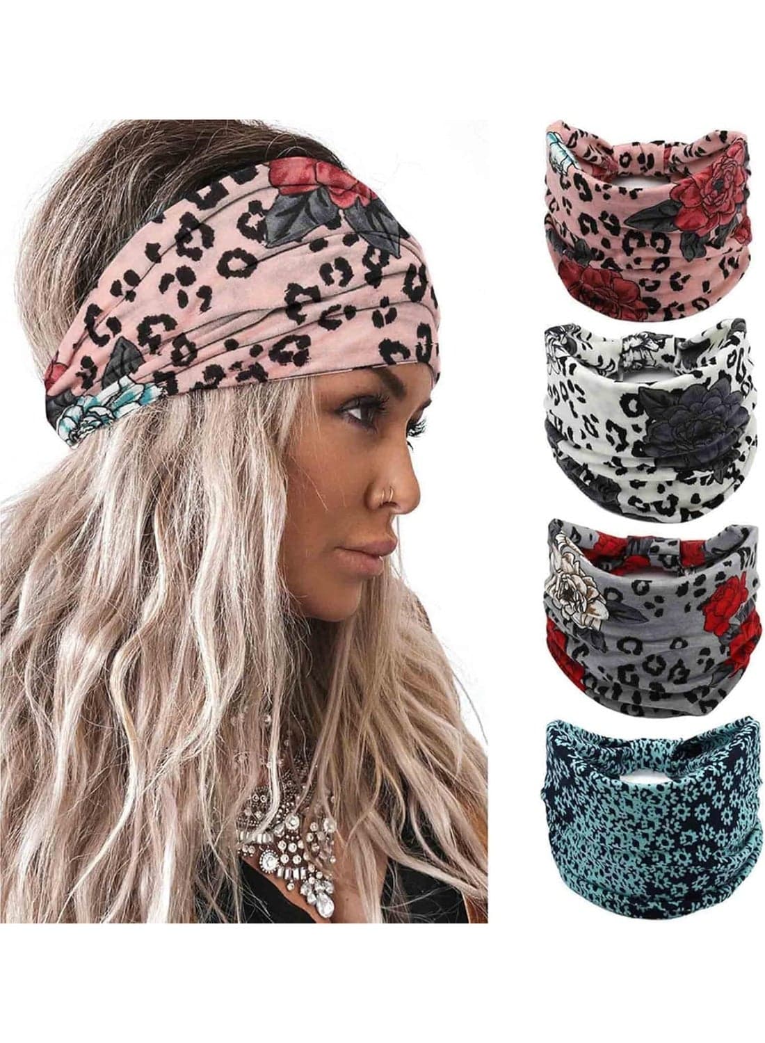 Wide Headbands Knotted Turban Headband Elastic Non Slip Hairbands Floral Workout Head Bands Yoga Hair Scarfs Boho Head Wraps Fashion Hair Accessories for Women Girls 4Pcs(Gorgeous)