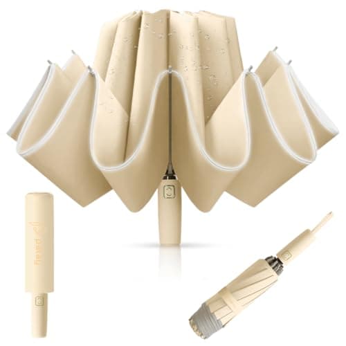 PALAY® Auto 3-Fold Large Umbrella with Reflective Strip, 50'' Compact Travel Umbrella, One-Touch Open/Close, Reinforced 10 Dual Ribs, Sun Protection 99% UV & Rain & Windproof for Men Women (Beige)