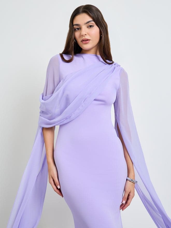 Styli Purple Slit Sleeve Draped Maxi Dress