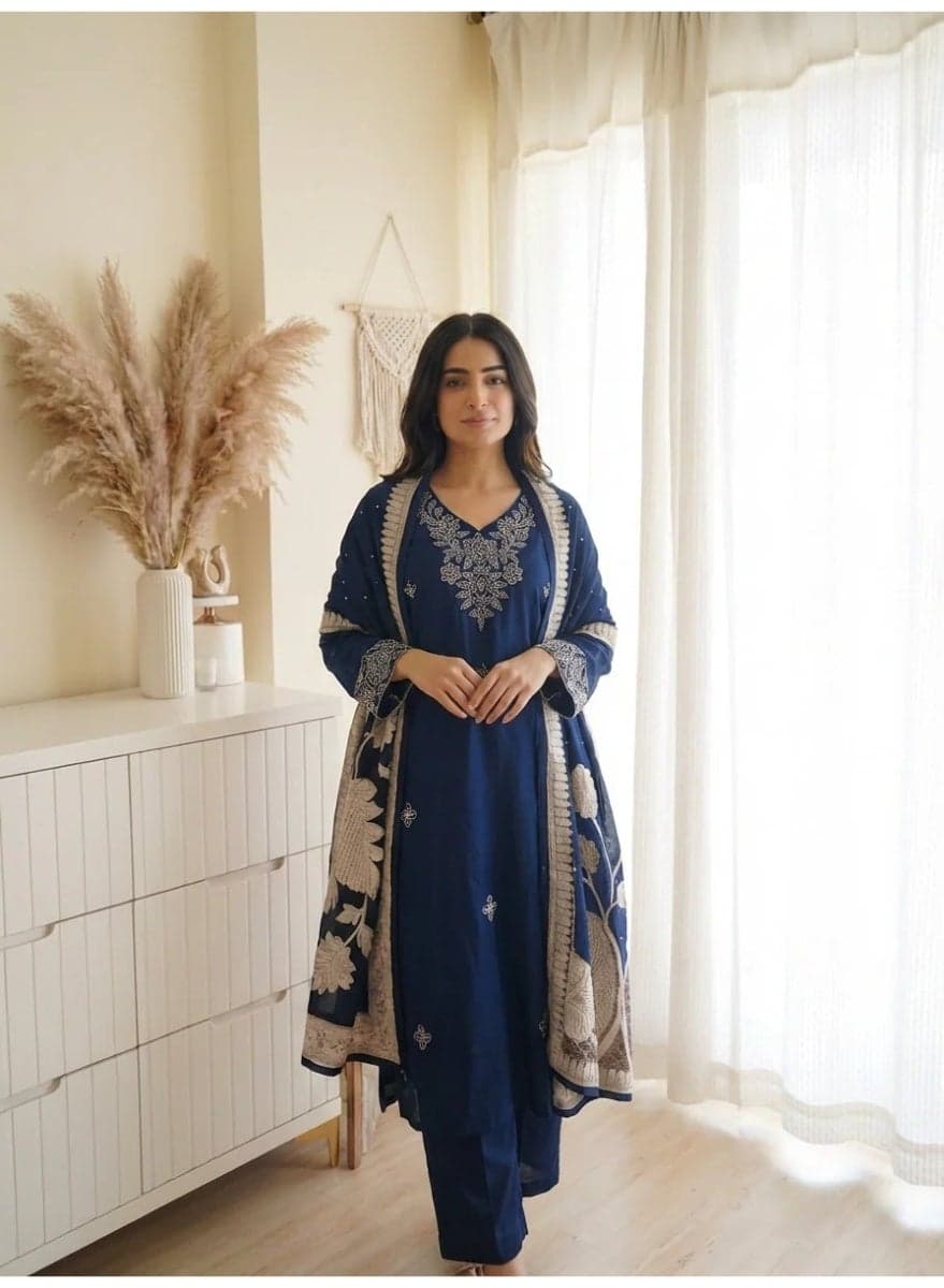 Women Blue Embroidered Muslin Kurta Set with Dupatta and Straight Pants 3 Piece Ethnic Indian Pakistani Suit for Ladies