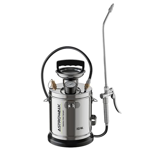 ASTRWK 1 Gallon Stainless Steel Pump Sprayer, Lightweight Garden Sprayer with 20" Wand & 4FT Hose for Plants, Weed Control & Pest Control, Durable Handheld Pressure Sprayer with Viton Seals