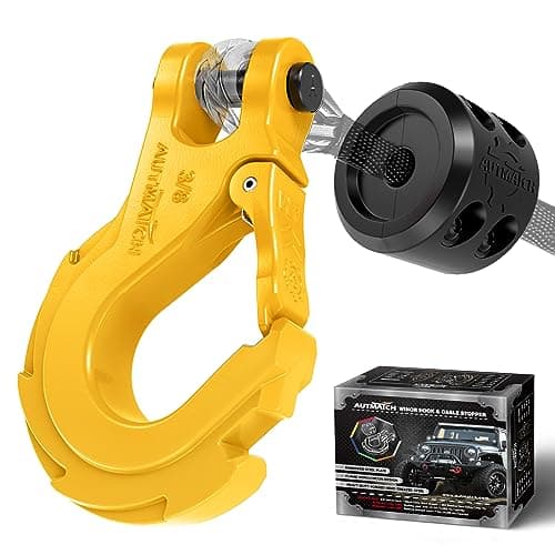 AUTMATCH Winch Hook 3/8" - Clevis Slip Hook with Safety Latch & Winch Cable Hook Stopper, Grade 70 Forged Steel Max 39,600Lbs Work for Winch Rope, ATV, UTV, Off Road Vehicle, Yellow